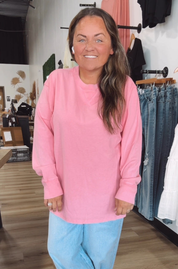 Mineral Washed Drop Shoulder Long Sleeve Tee-Pink