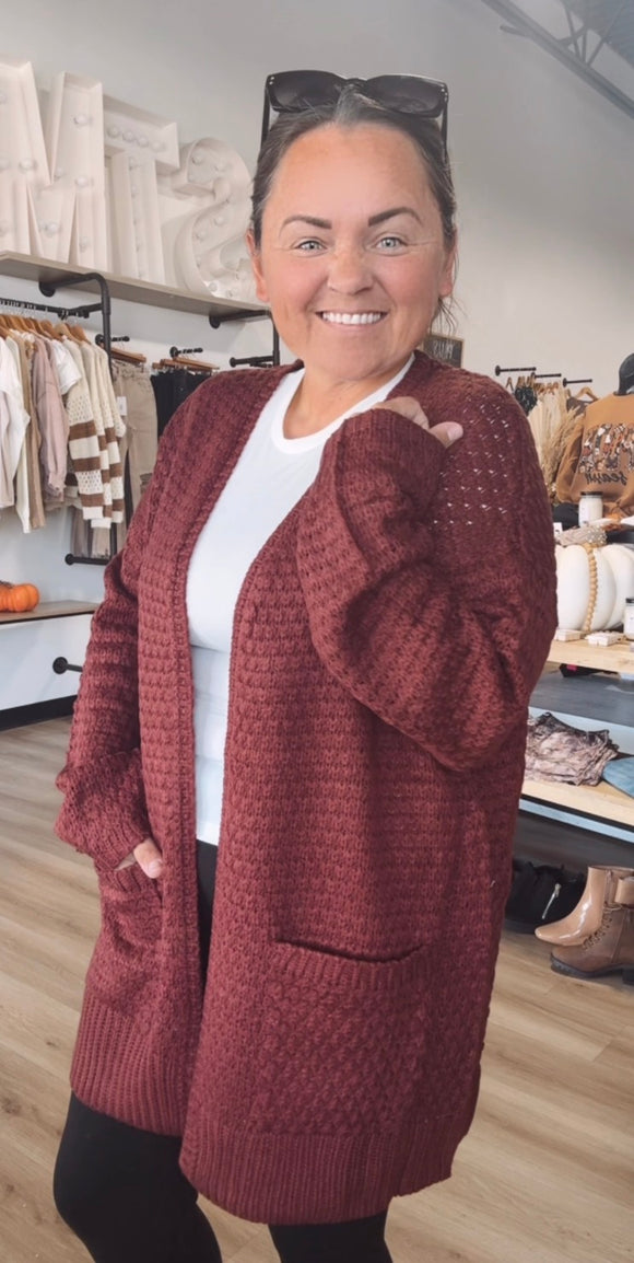 Open Front Pop Corn Knit Oversize Pocket Cardigan