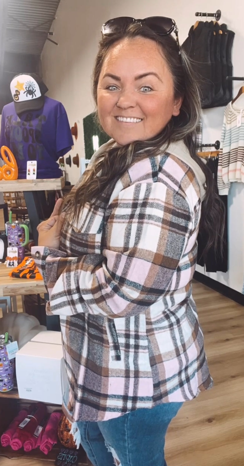 Olivia’s Oversized plaid flannel shacket with hoodie and pockets-Pink