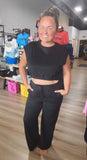 Elastic Hem Crop Top & Wide Leg Pants Set: Black