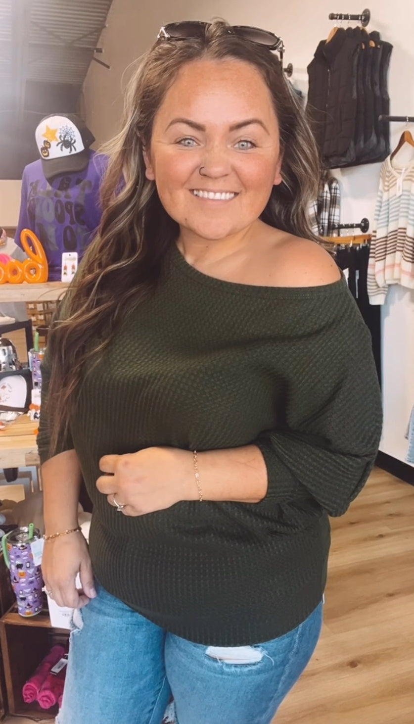 Whitney’s off the shoulder waffle knit top-Olive