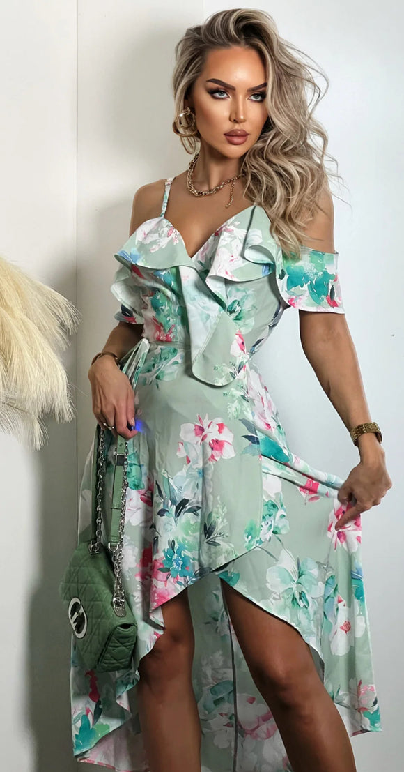 Julia’s floral frill wrap dress