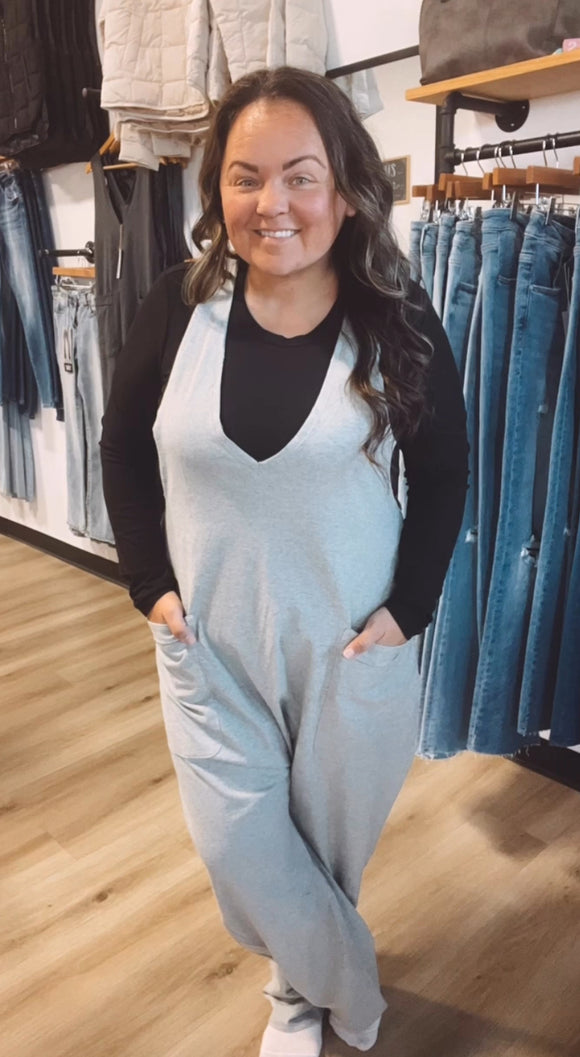 Casual Loose Fit Solid Knit Baggy Jumpsuit: Heather Grey