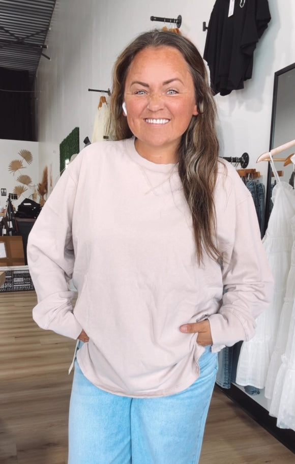 Mineral Washed Drop Shoulder Long Sleeve Tee-Taupe
