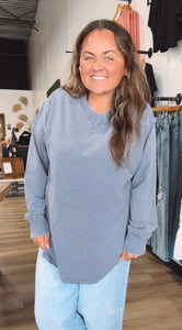 Mineral Washed Drop Shoulder Long Sleeve Tee-Navy