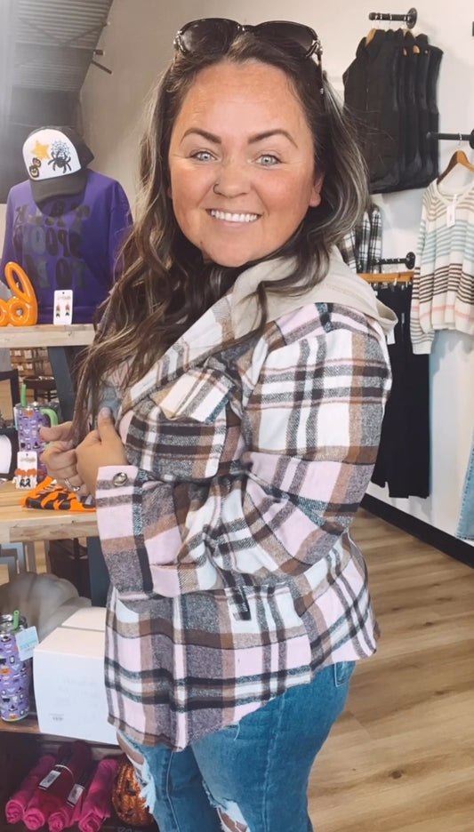 Olivia’s Oversized plaid flannel shacket with hoodie and pockets-Pink