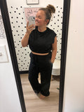 Elastic Hem Crop Top & Wide Leg Pants Set: Black