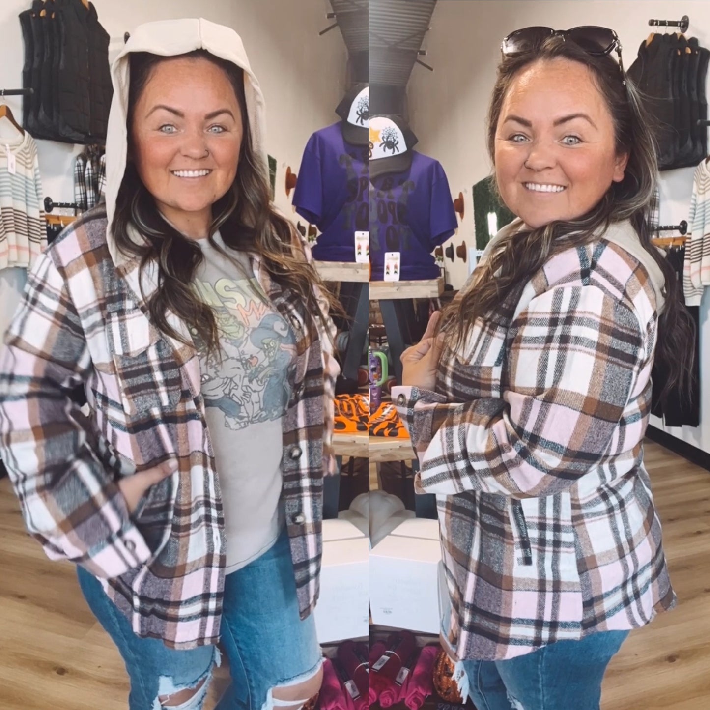 Olivia’s Oversized plaid flannel shacket with hoodie and pockets-Pink