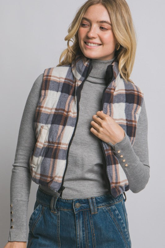 Reversible plaid puffer vest