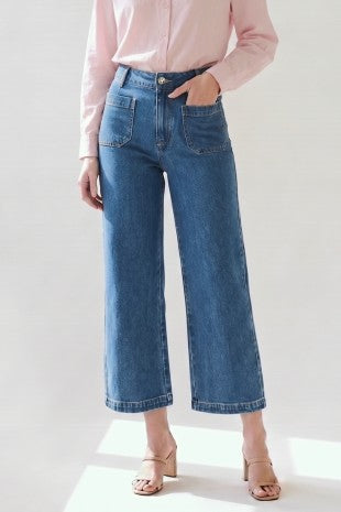 Medium wash wide leg ankle jeans
