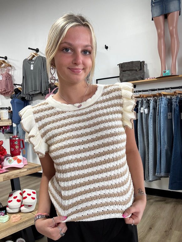 Kayla’s khaki striped ruffle sleeve sweater knit top