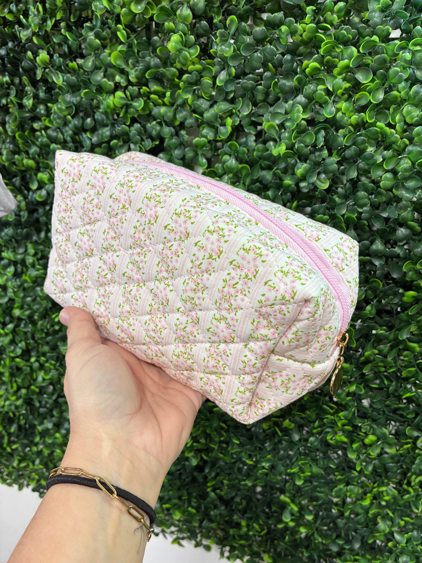 Pink floral quilted make up pouch