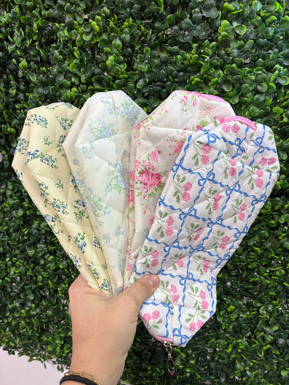 Floral quilted cosmetic pouch bag