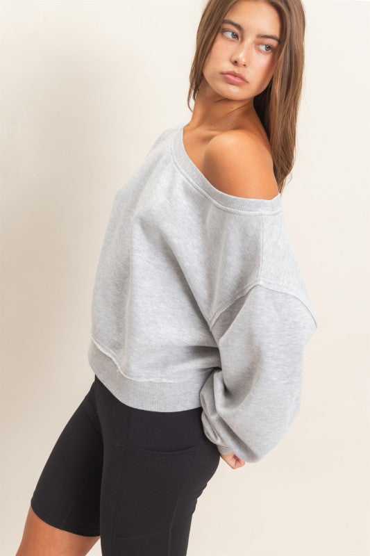 Raw Edge Acid Wash Off The Shoulder Sweatshirt-Grey