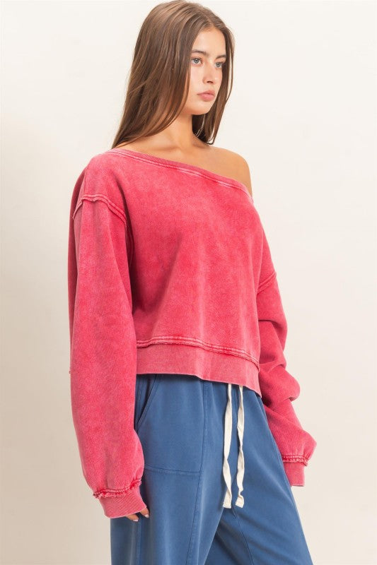 Raw Edge Acid Wash Off The Shoulder Sweatshirt-Red
