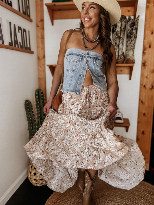 Strapless denim button top