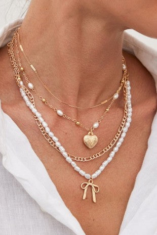 Bow pearl heart layered necklace