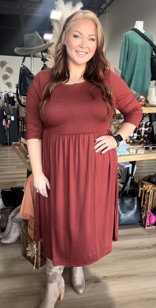 PLUS SIZE 3/4 sleeves empire shirring dress with pockets