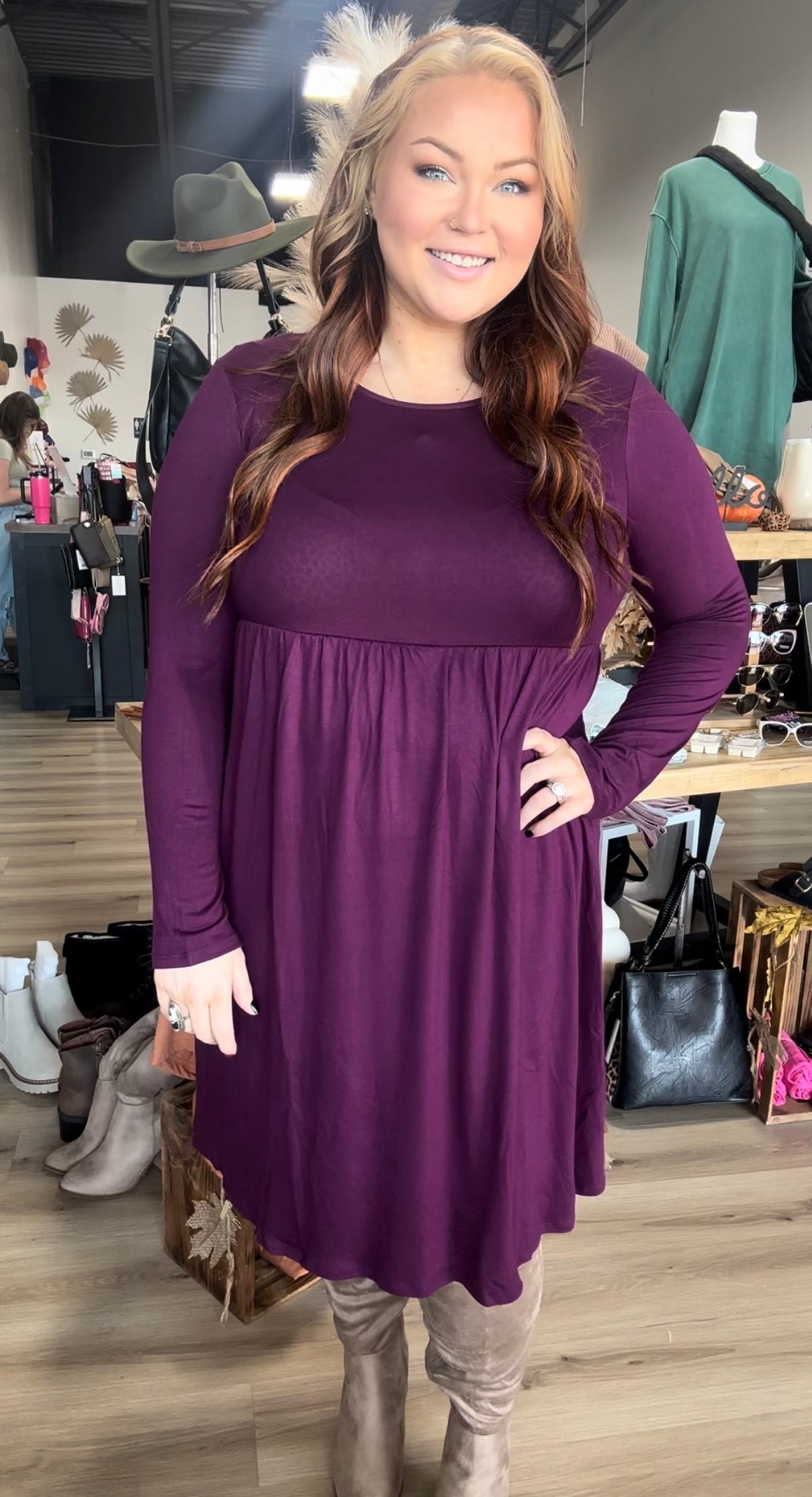 Plus Long Sleeve Round Neck Dress With Waist Shirri-Plum