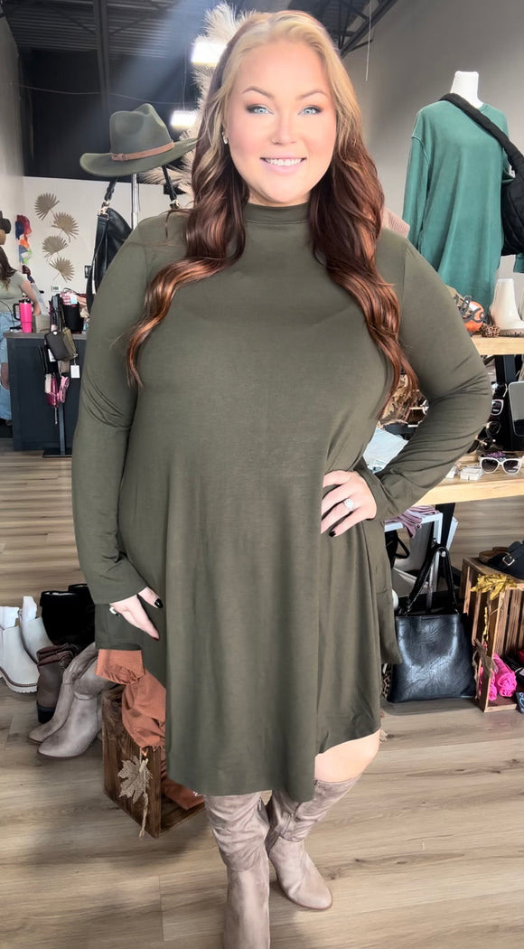 Plus Mock Neck Long Sleeve Dress With Side Pockets