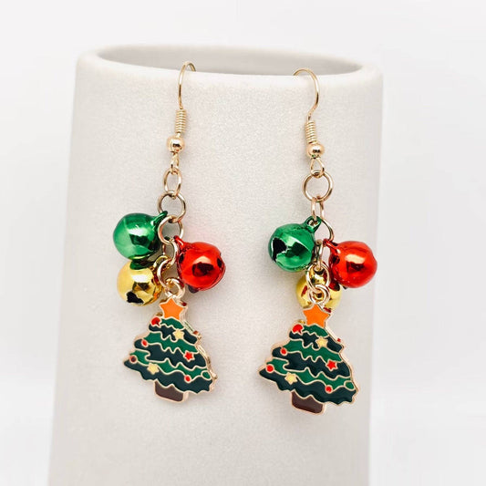 Enamel Christmas Tree Bell Dangle Earrings