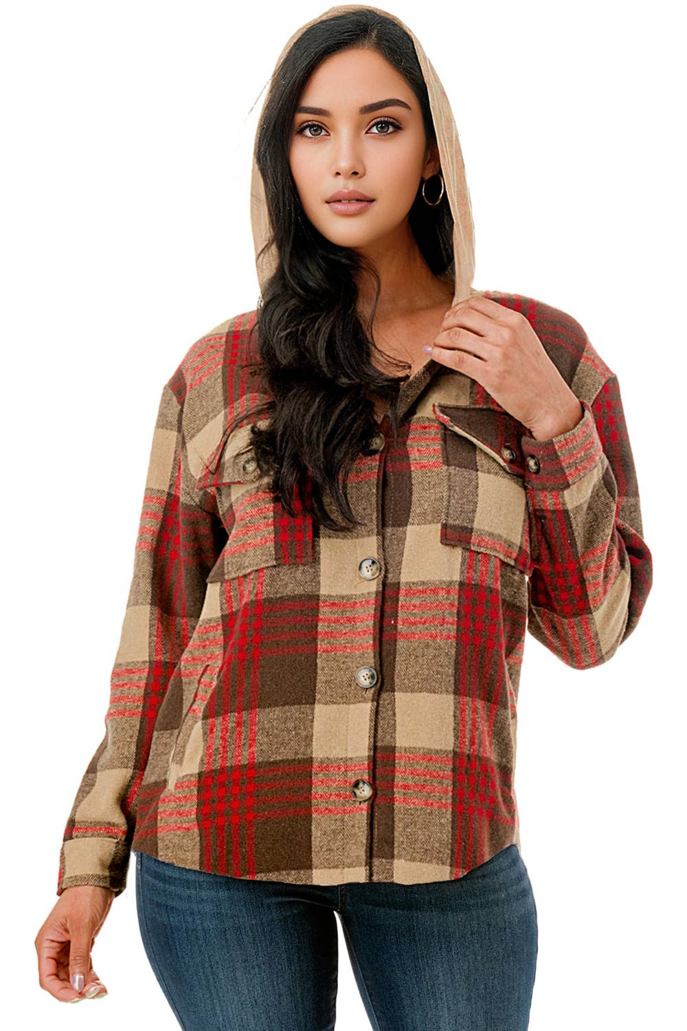 Olivia’s Oversized plaid flannel shacket with hoodie and pockets-Red