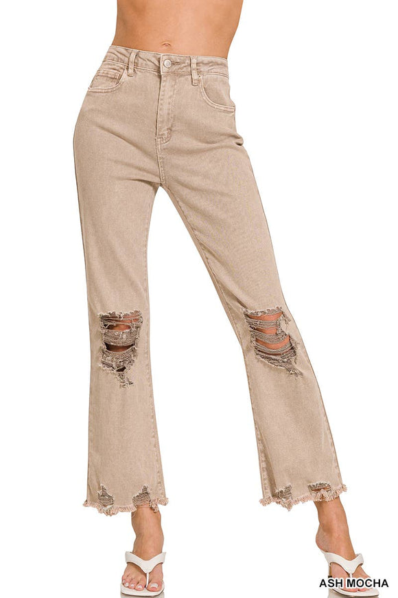 WASHED DISTRESSED KNEE AND HEM PANTS- ASH MOCHA