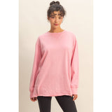Mineral Washed Drop Shoulder Long Sleeve Tee-Pink