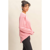 Mineral Washed Drop Shoulder Long Sleeve Tee-Pink