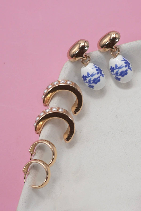 BLUE CERAMIC PORCELAIN TRIO HUGGIE HOOP EARRINGS