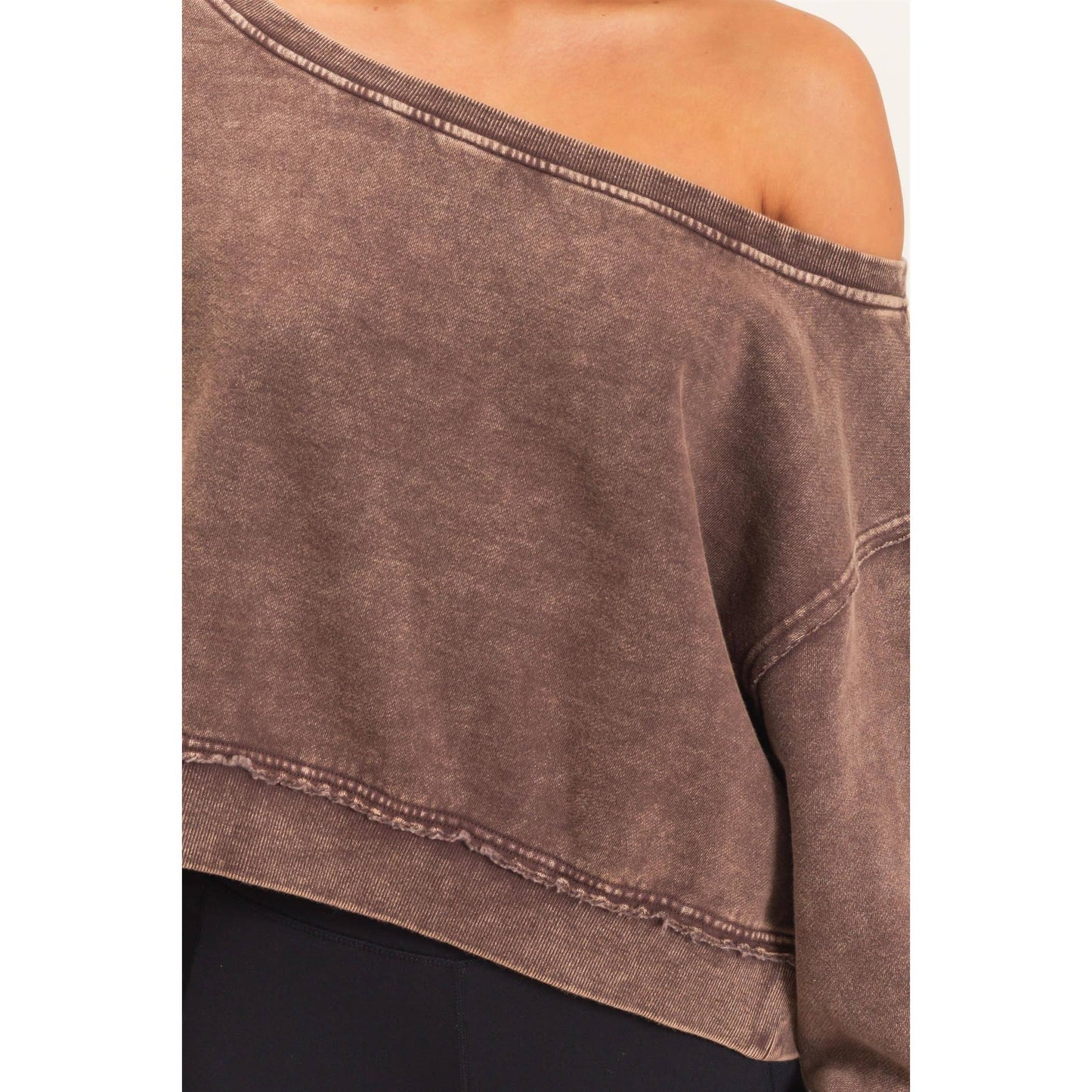 Raw Edge Acid Wash Off The Shoulder Sweatshirt-Brown