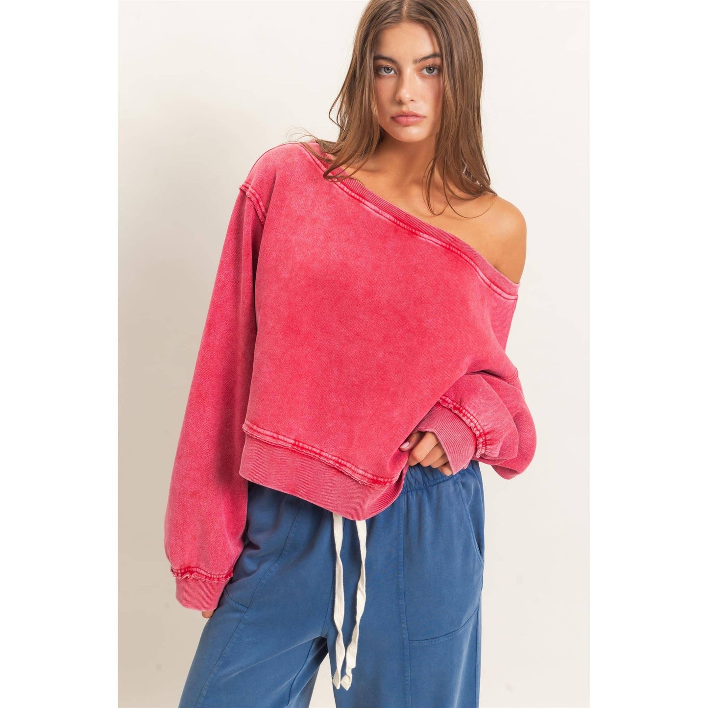 Raw Edge Acid Wash Off The Shoulder Sweatshirt-Brown