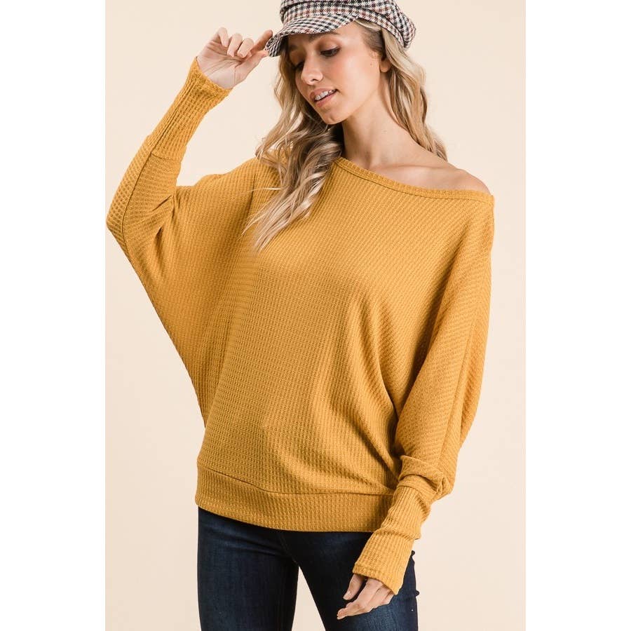 Whitney’s off the shoulder waffle knit top-Mustard