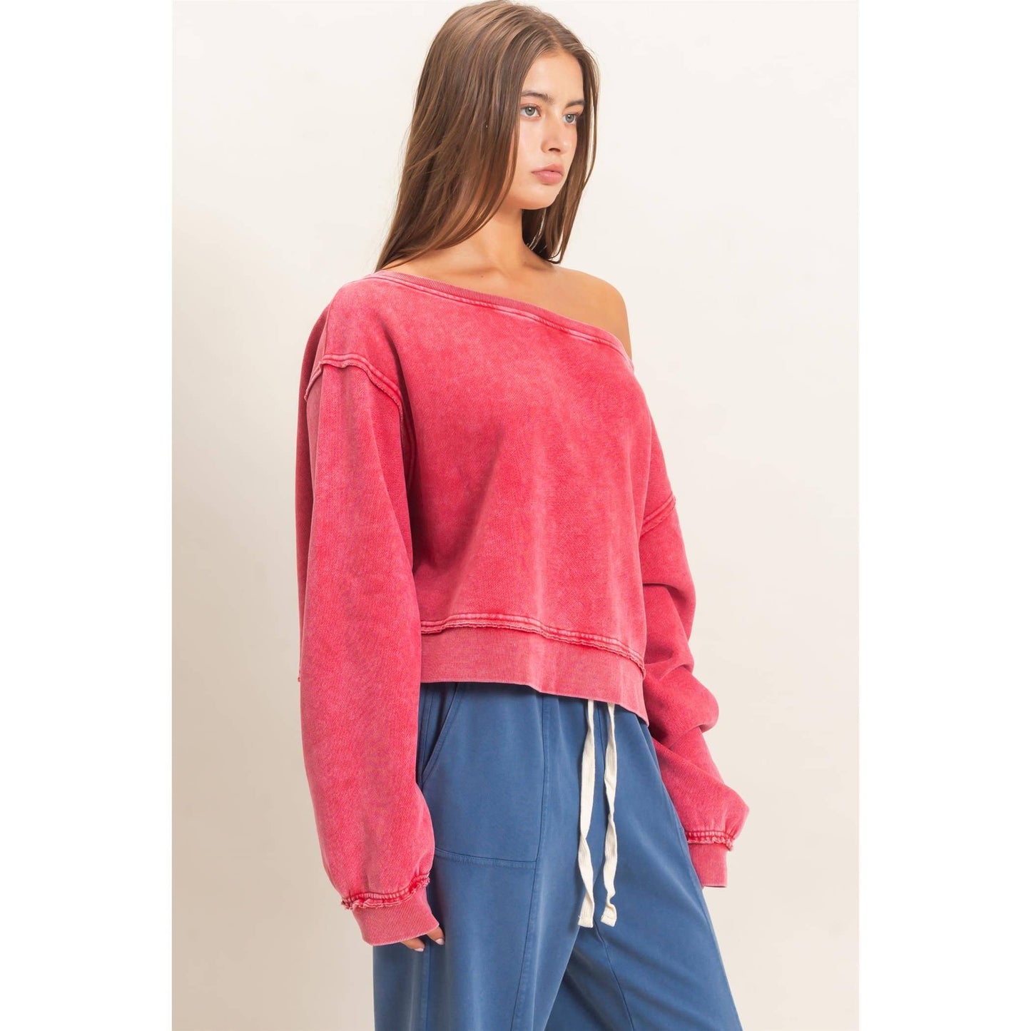 Raw Edge Acid Wash Off The Shoulder Sweatshirt-Brown