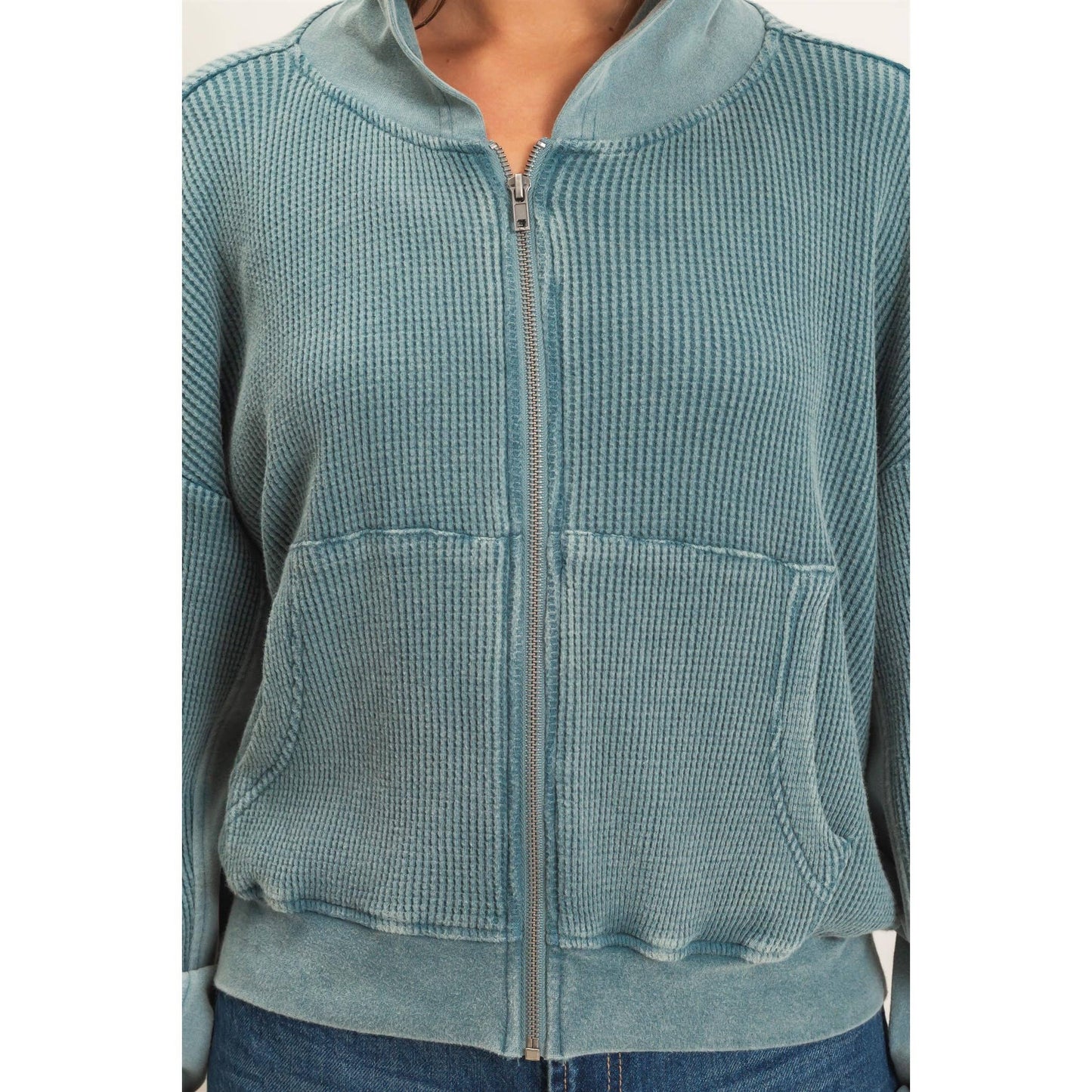 Acid Wash Waffle Knit Zip-Up Hoodie-Teal