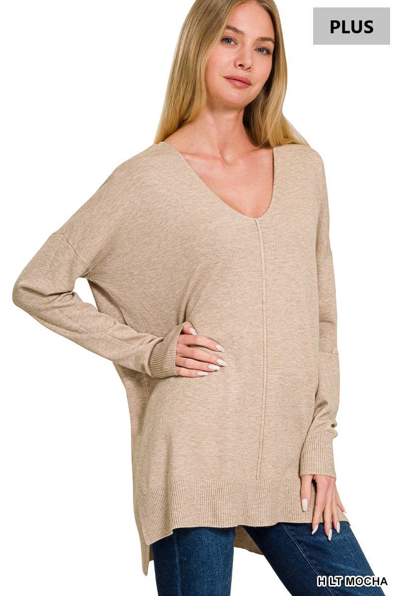 Pam’s Plus Garment Dyed Hi Low Hem Front Seam Sweater-Lt.Mocha