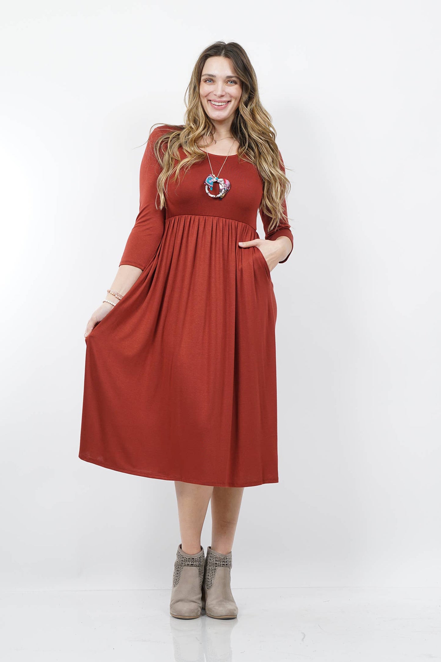 PLUS SIZE 3/4 sleeves empire shirring dress with pockets