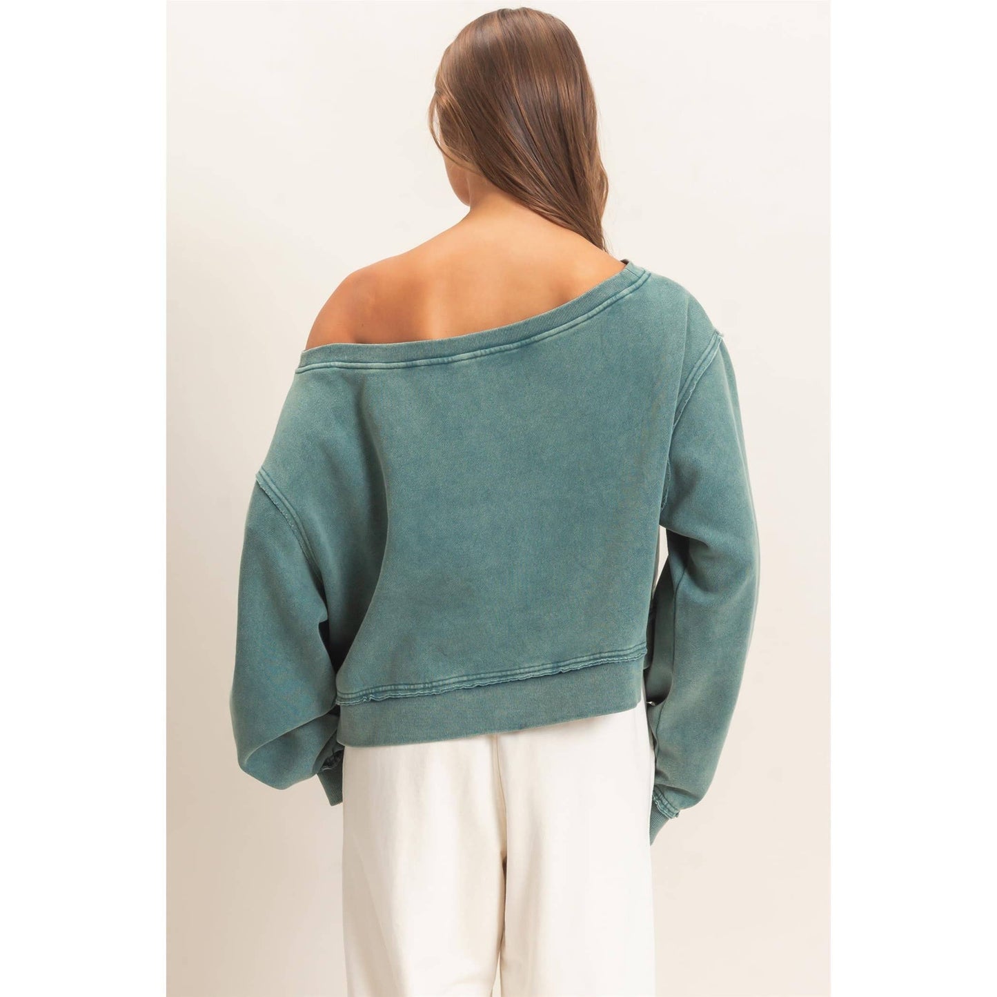 Raw Edge Acid Wash Off The Shoulder Sweatshirt-Brown