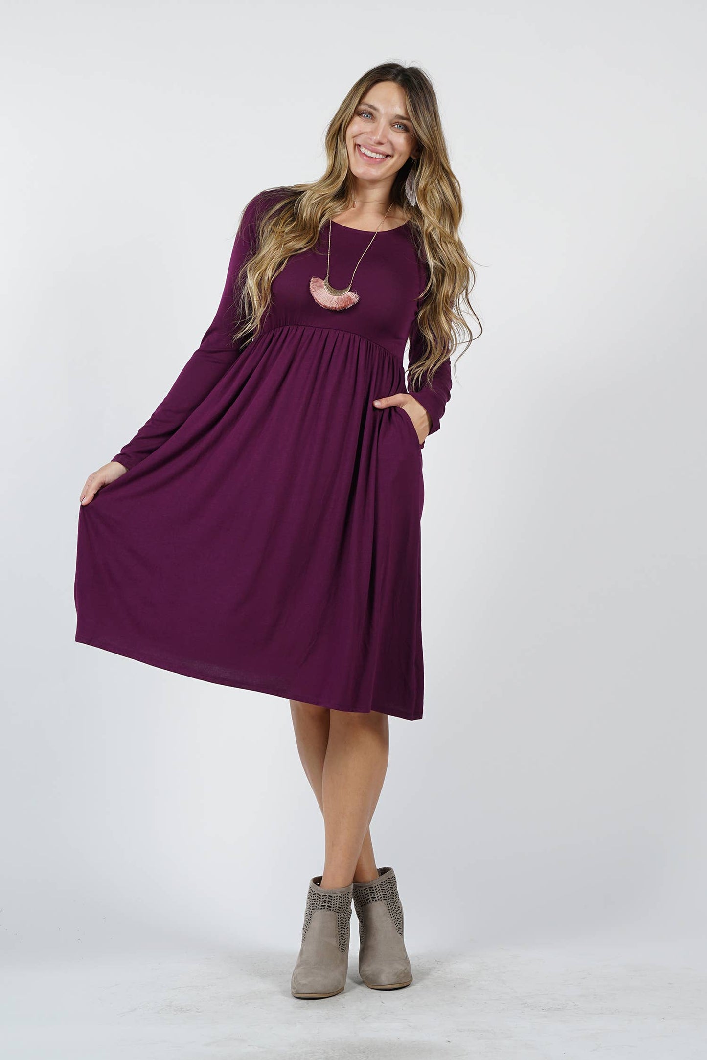 Plus Long Sleeve Round Neck Dress With Waist Shirri-Plum