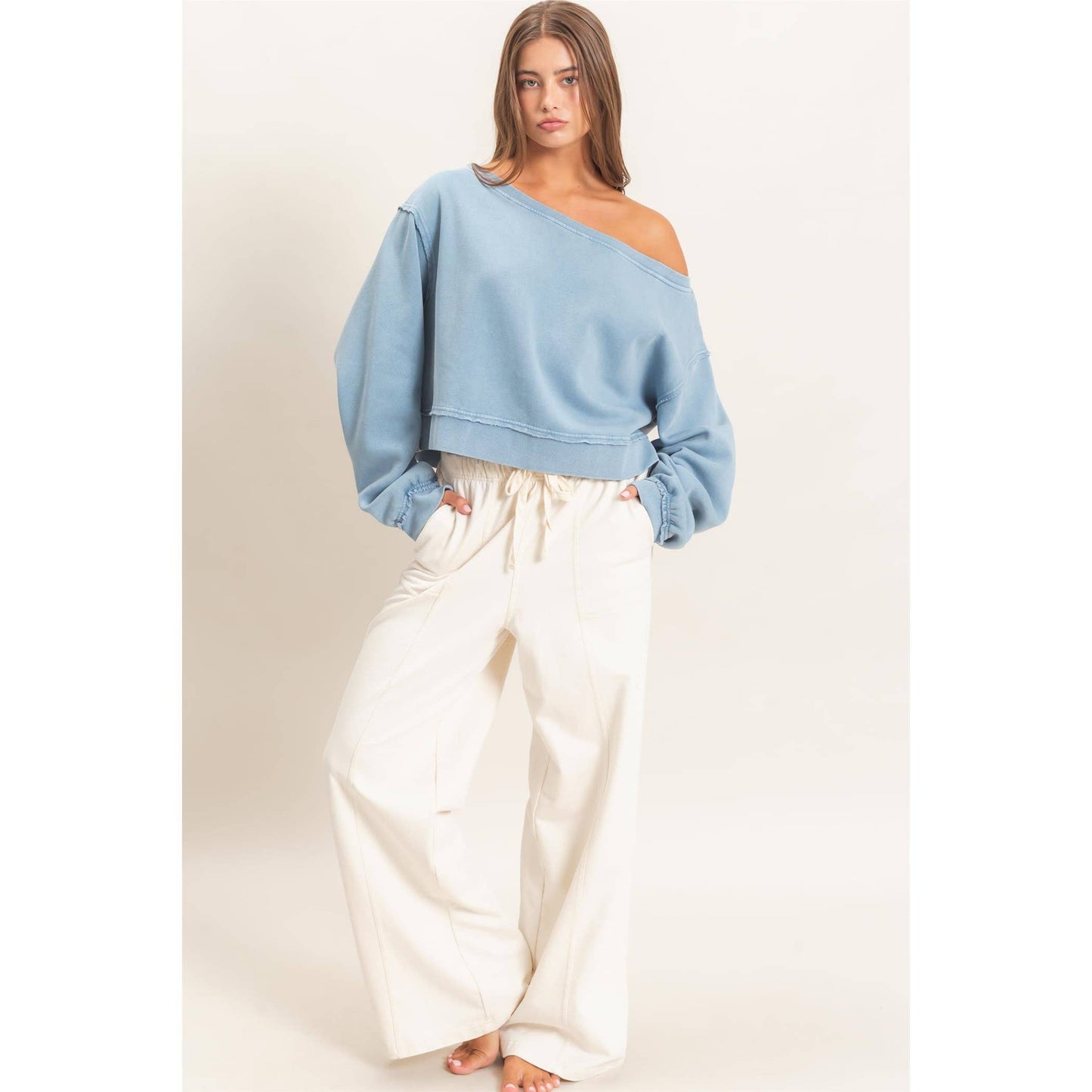 Raw Edge Acid Wash Off The Shoulder Sweatshirt-Brown