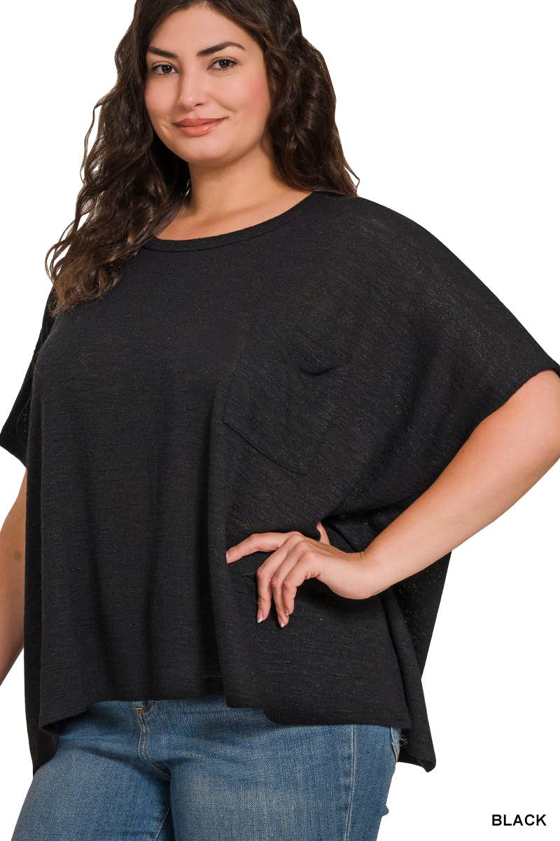 Plus oversized poly-rayon slub hacci top with pocket