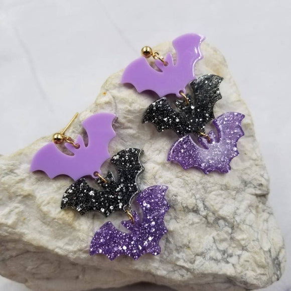 3 Bat Glitter Acrylic Earrings - Halloween