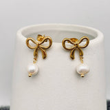 Pearl Charm18K Gold Plated SS Bow Post Earrings