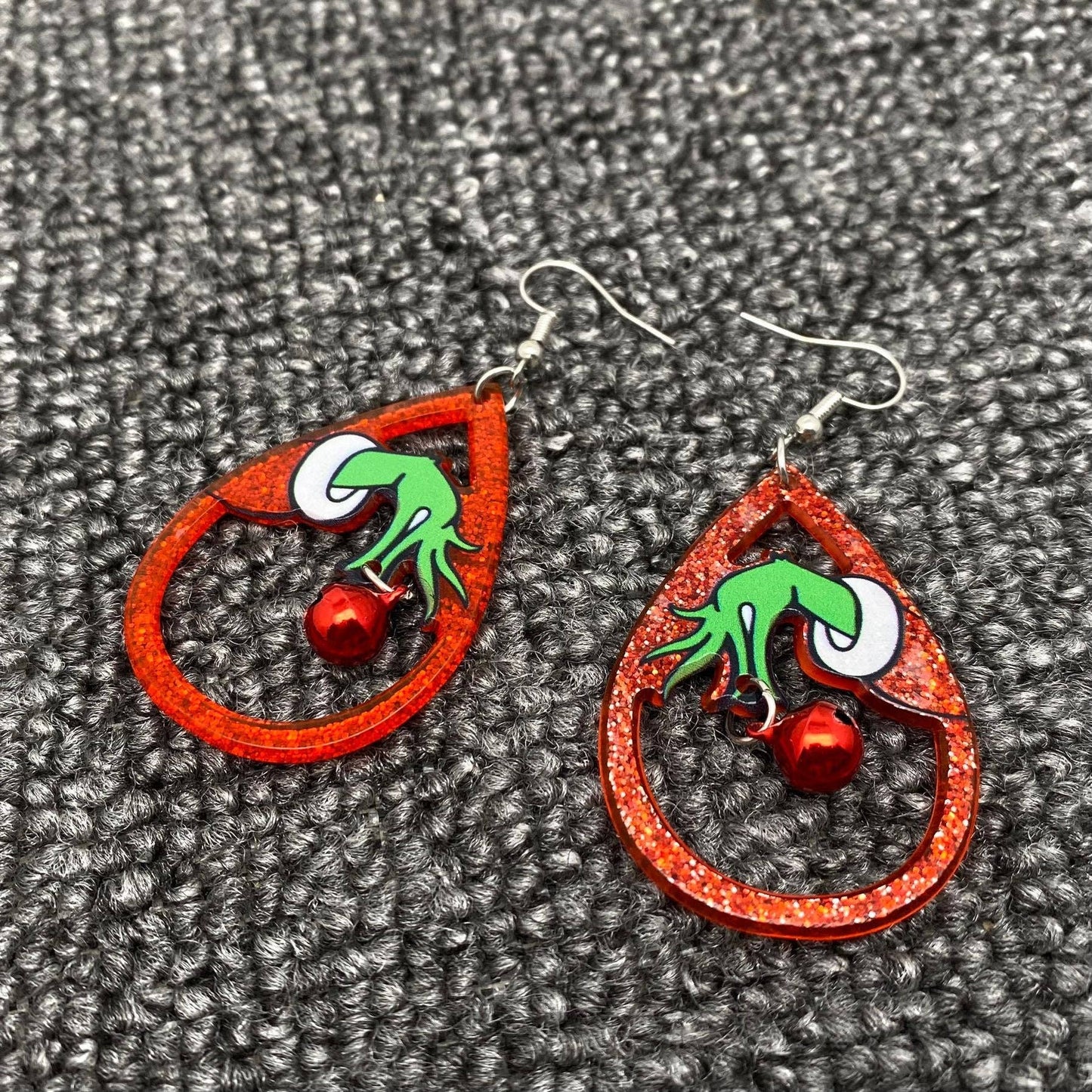 Christmas Acrylic Green guy Holding Bell Red Drop Dangle Earrings