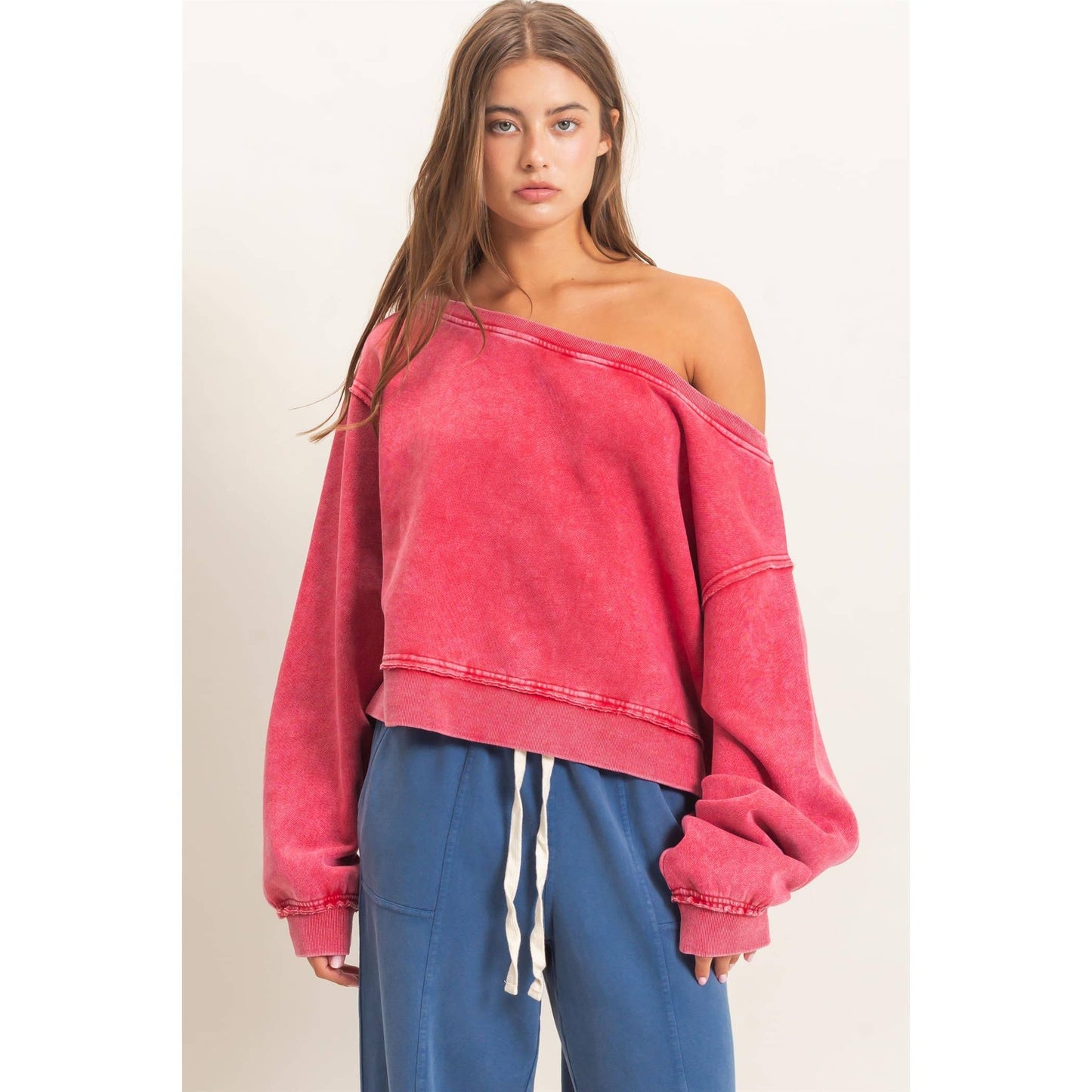 Raw Edge Acid Wash Off The Shoulder Sweatshirt-Brown