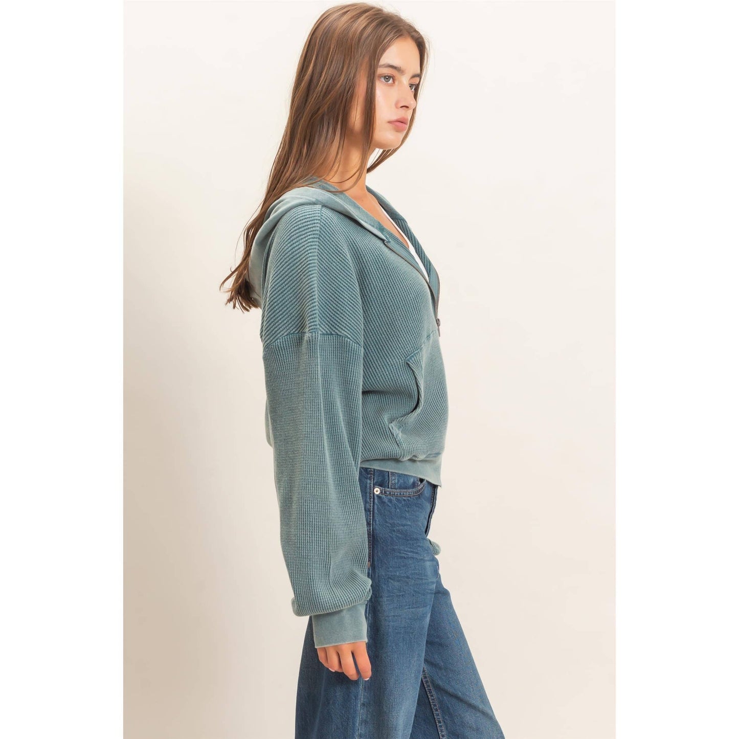 Acid Wash Waffle Knit Zip-Up Hoodie-Teal