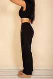 Elastic Hem Crop Top & Wide Leg Pants Set: Black
