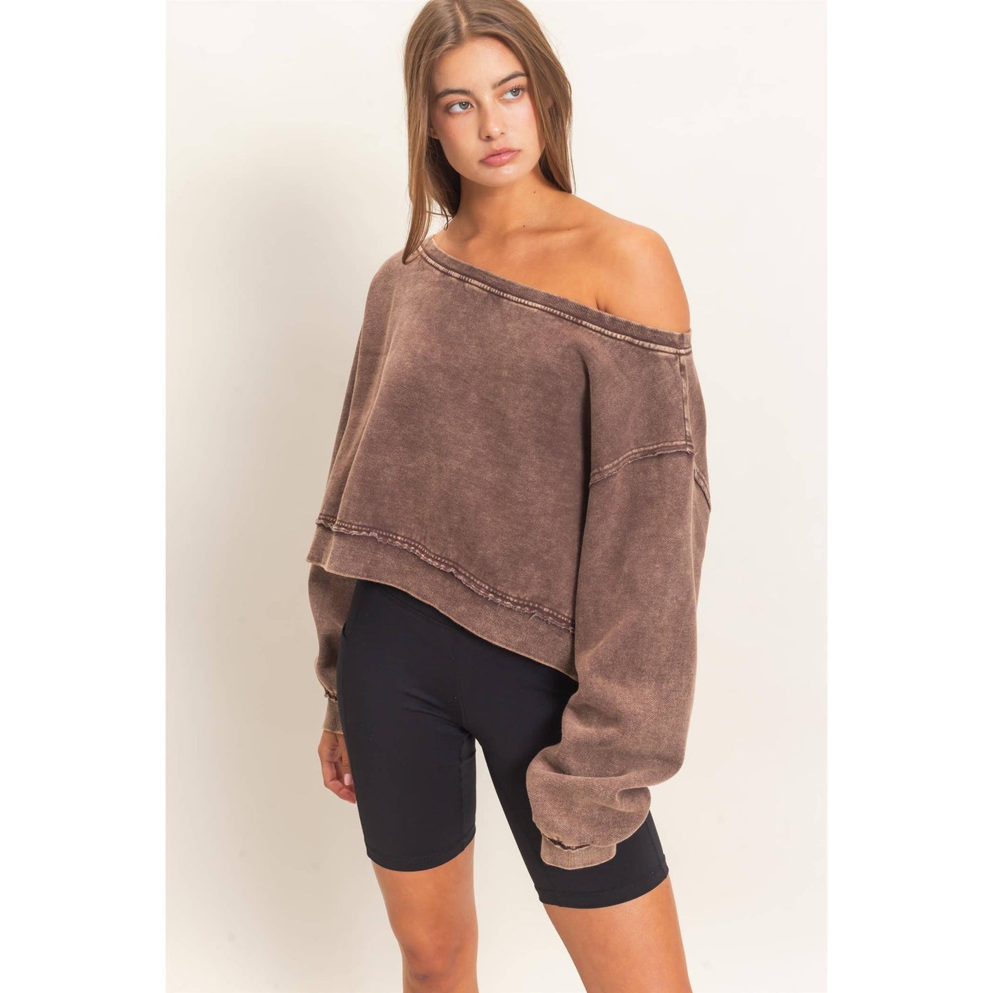 Raw Edge Acid Wash Off The Shoulder Sweatshirt-Brown