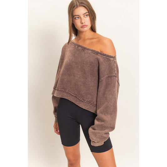 Raw Edge Acid Wash Off The Shoulder Sweatshirt-Brown