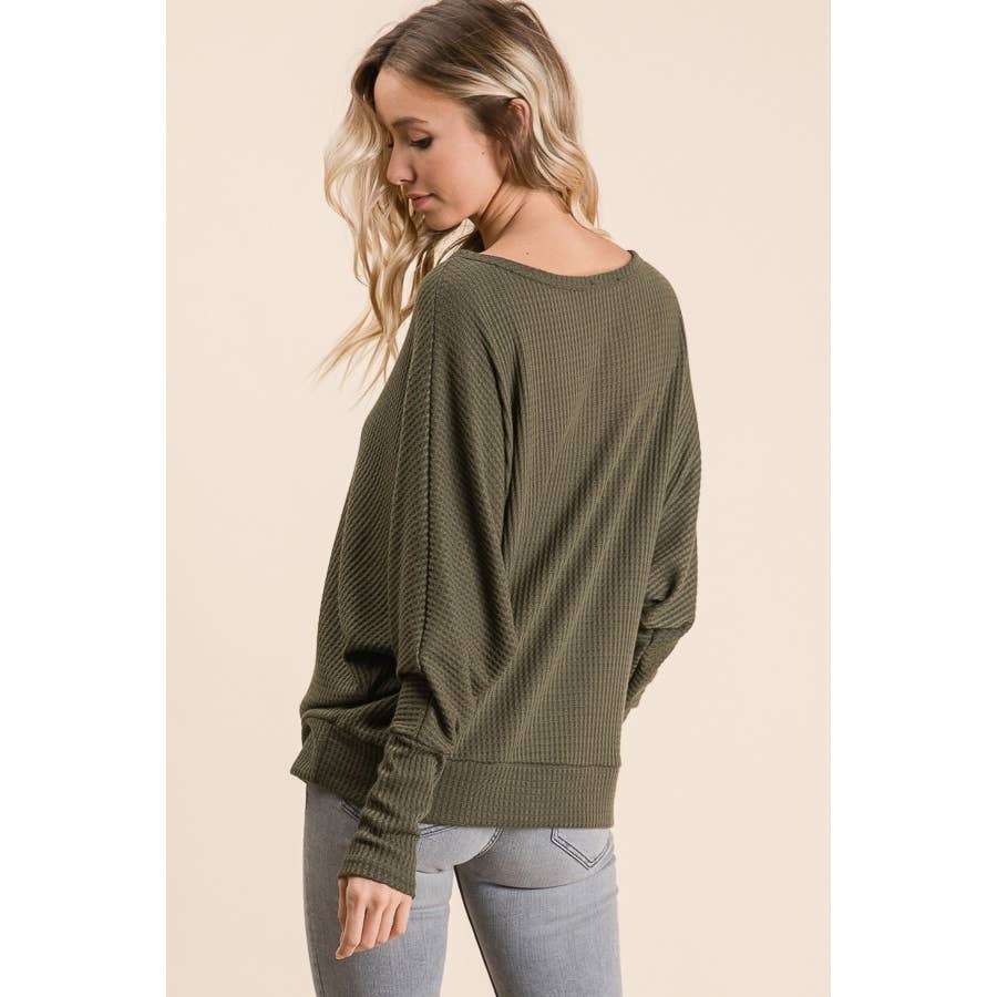 Whitney’s off the shoulder waffle knit top-Olive